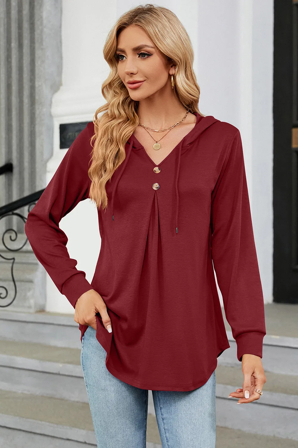 Decorative Button Drawstring Long Sleeve Hoodie, image 11
