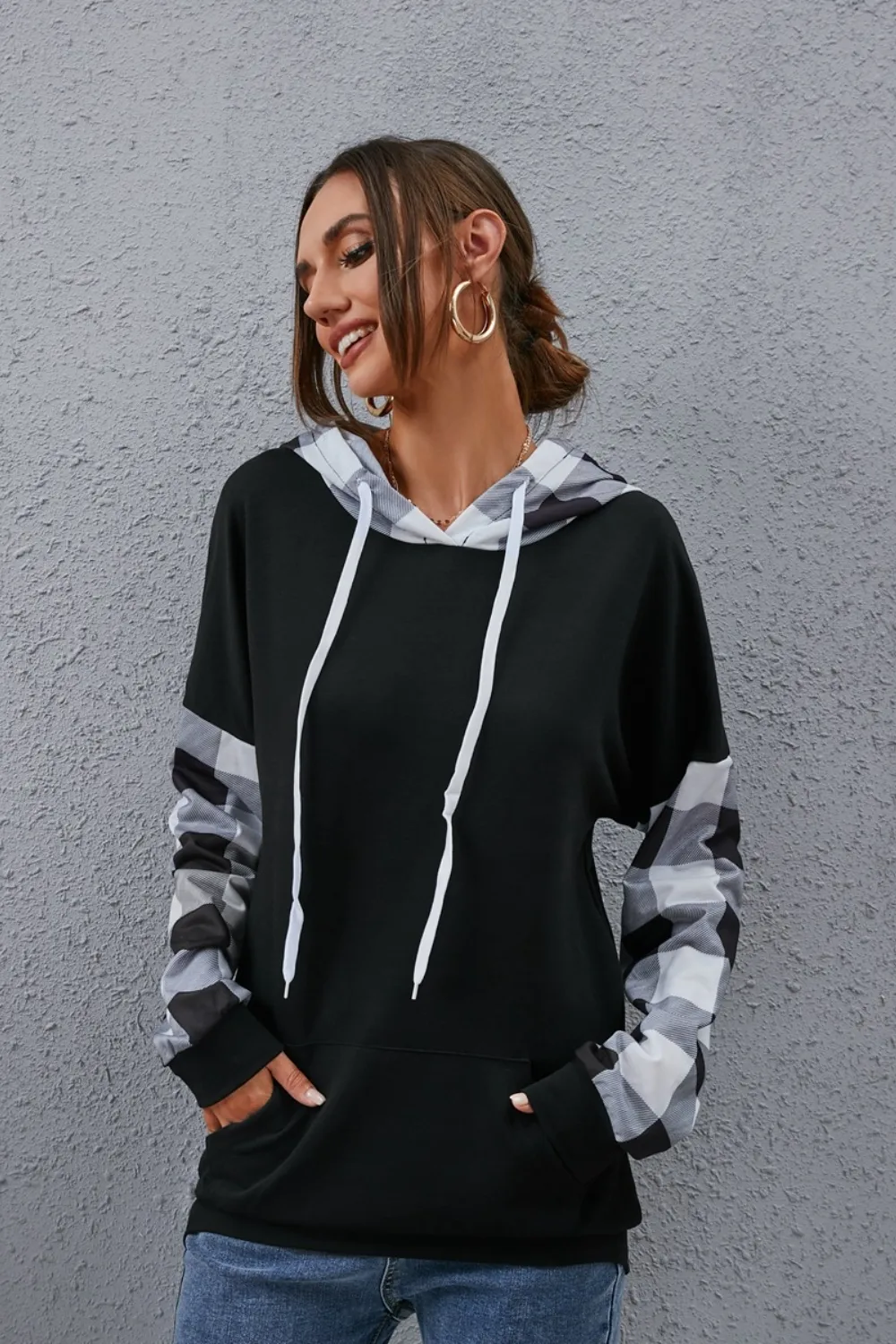 Plaid Drawstring Dropped Shoulder Hoodie, image 2