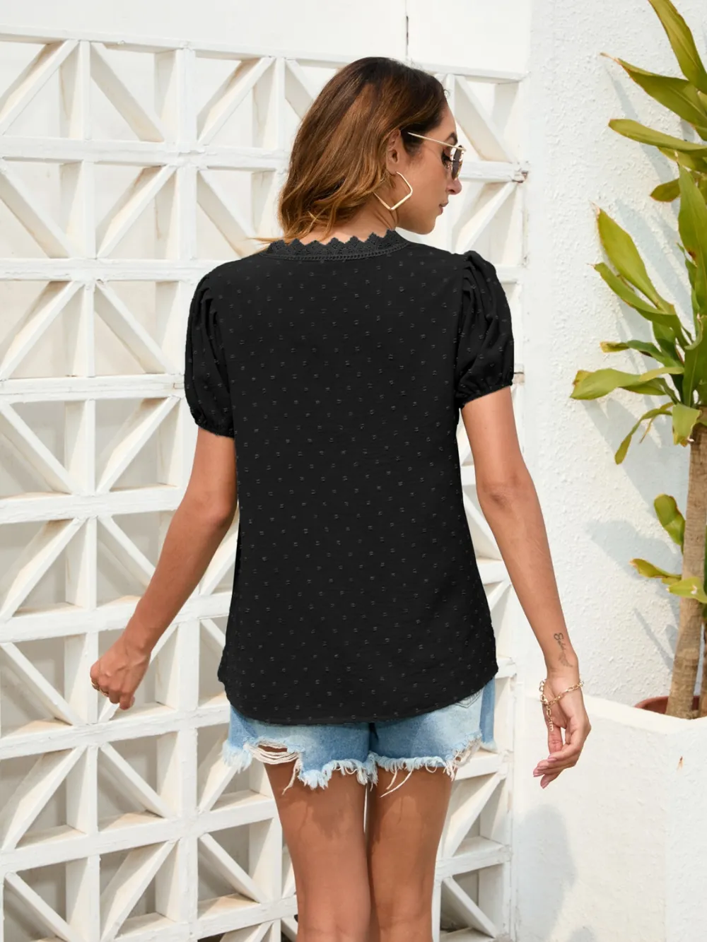 Swiss Dot Lace Detail V-Neck Blouse, image 12