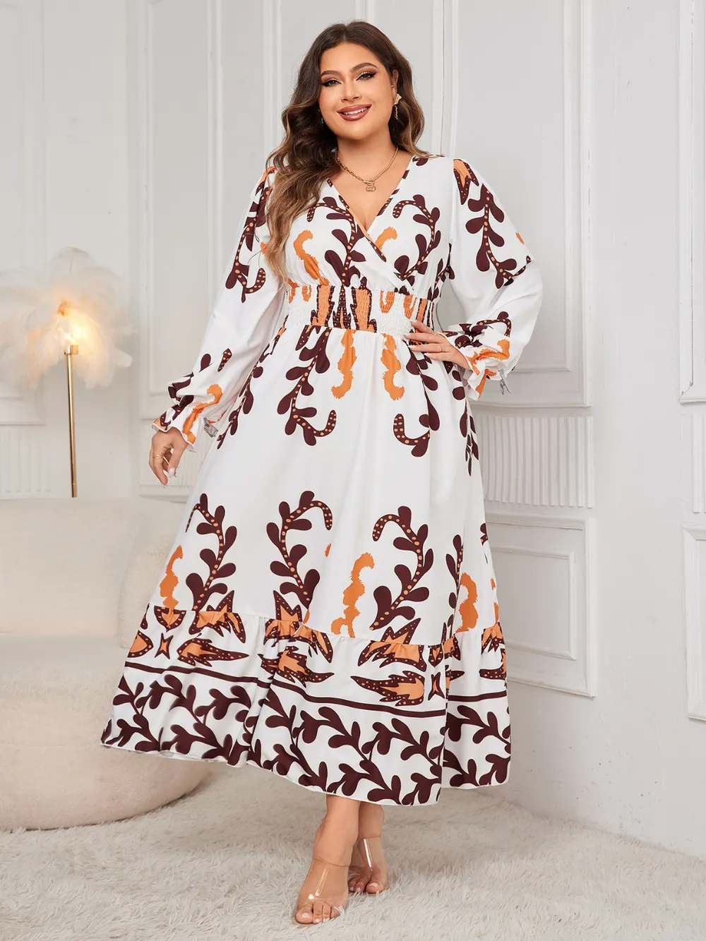 Plus Size Printed Surplice Flounce Sleeve Dress, image 2