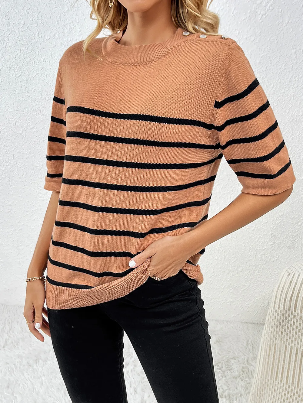 Striped Round Neck Half Sleeve Knit Top, image 10