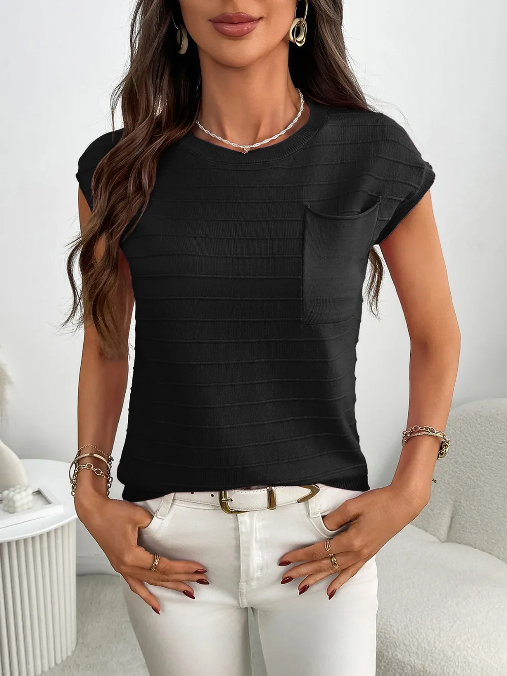 Round Neck Cap Sleeve Knit Top