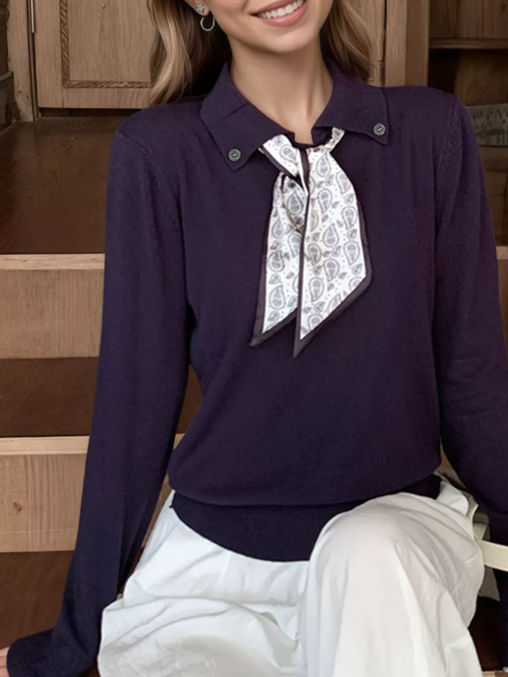 Scarf-Accented Long Sleeve Sweater, image 7