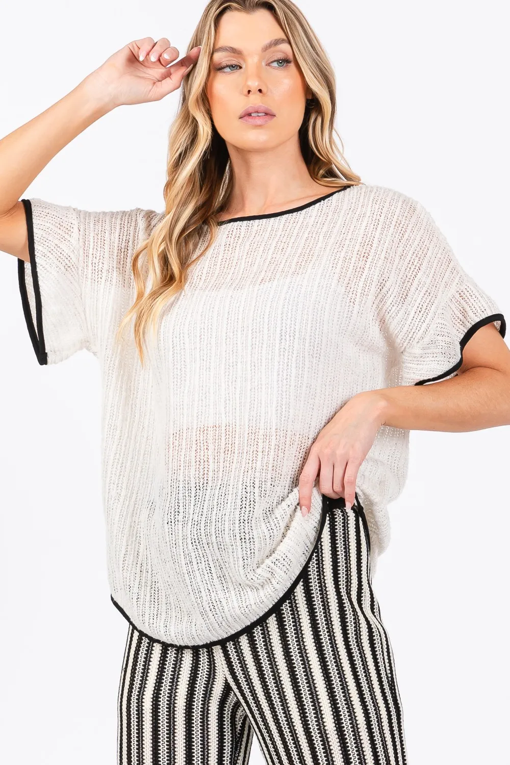 Contrast Trim Short Sleeve Knit Cover Up, image 5