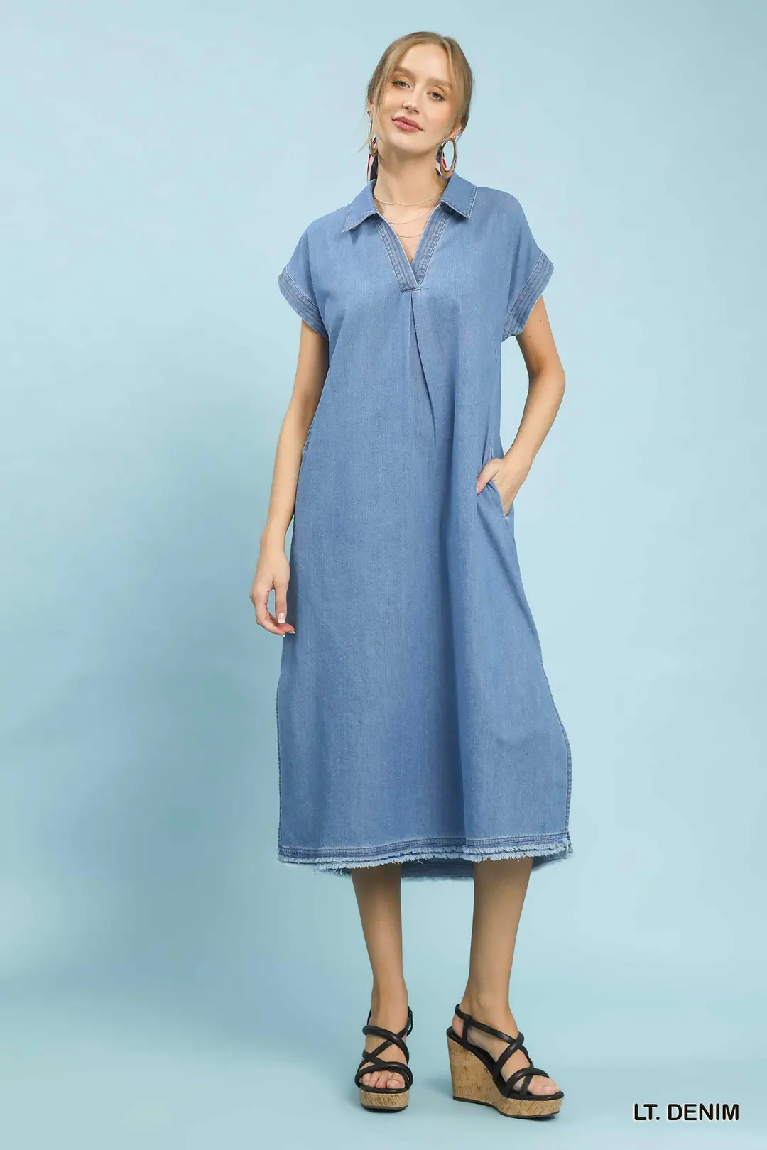 Stone Washed Collared Denim Midi Dress, image 6