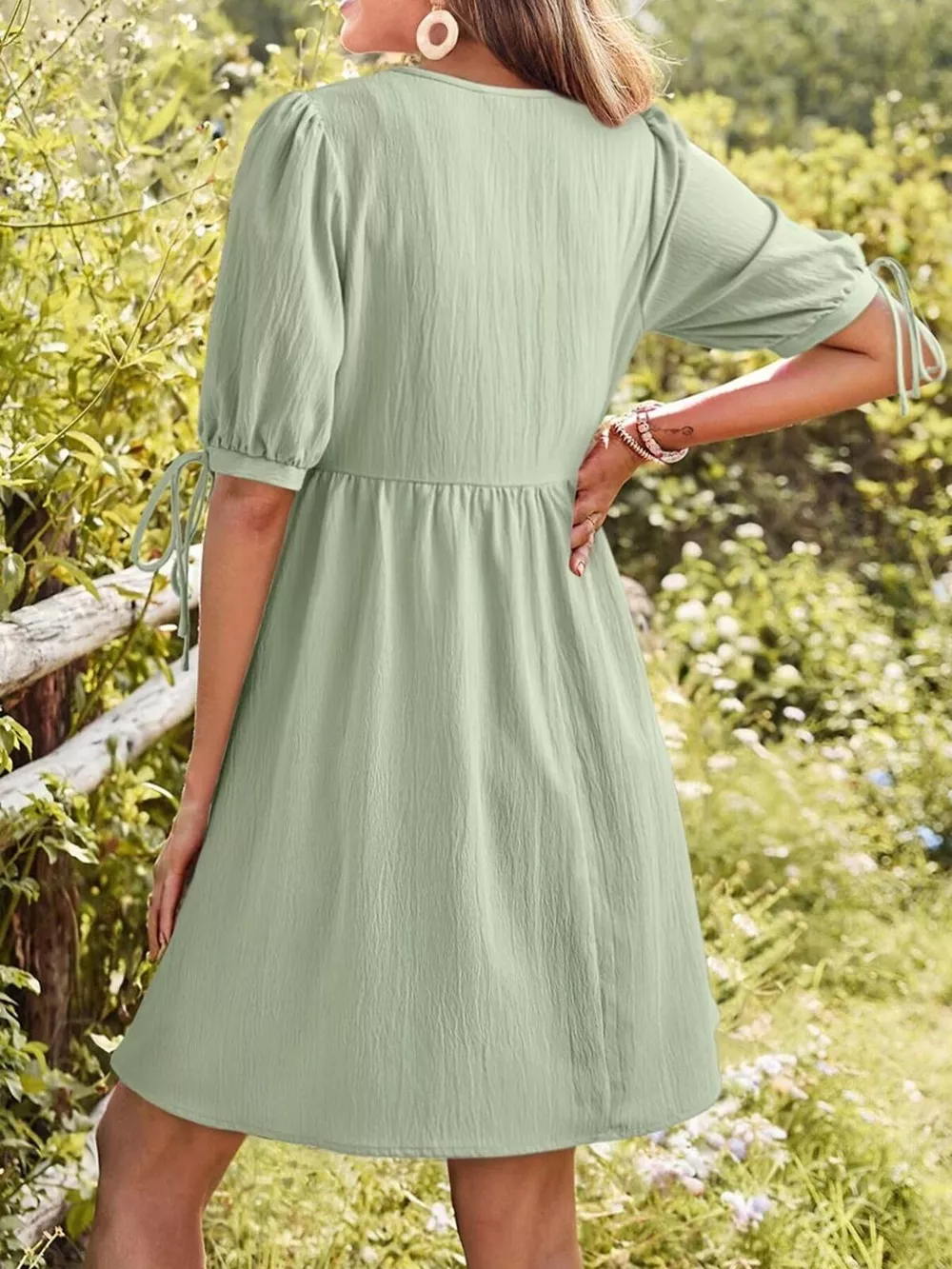 Tie-Neck Puff Sleeve A-Line Mini Dress, image 11