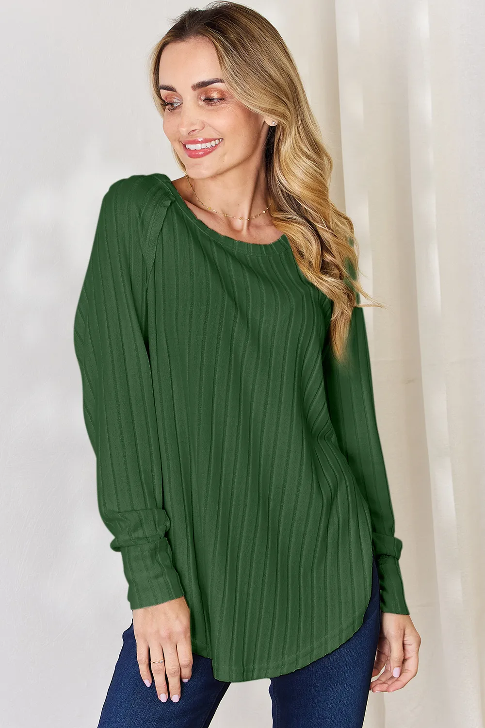Full Size Ribbed Round Neck Slit T-Shirt, image 18