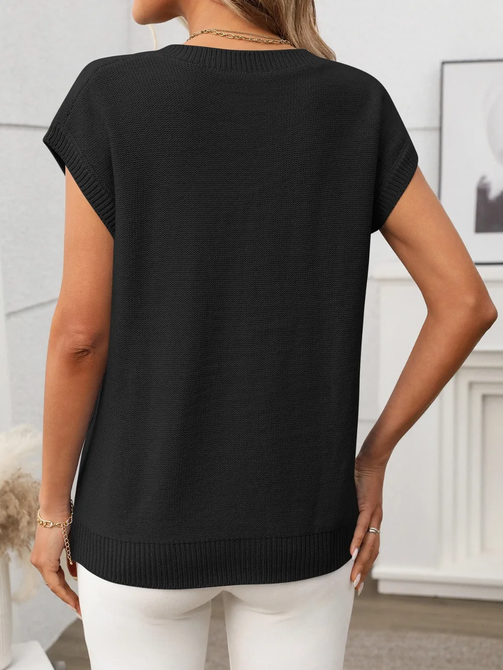Cable-Knit V-Neck Short Sleeve Knit Top, image 10