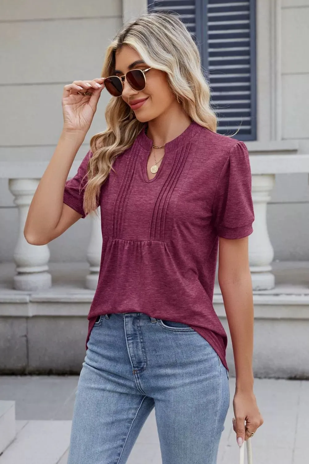 Notched Short Sleeve Solid Color Top, image 10
