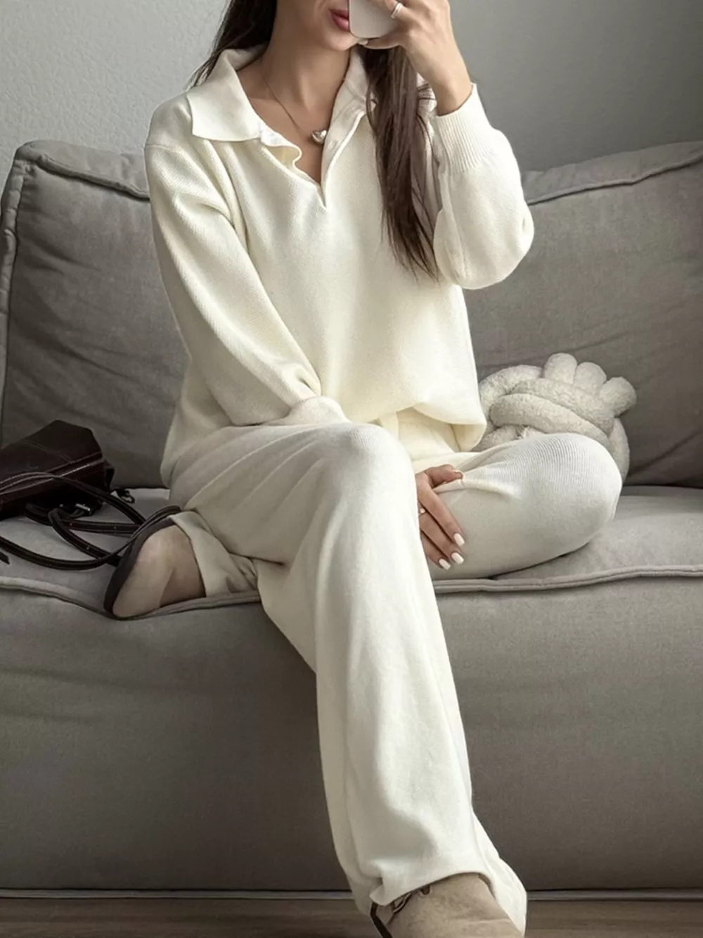 Polo Collar Top and Pants or Skirt Knit Set, image 3