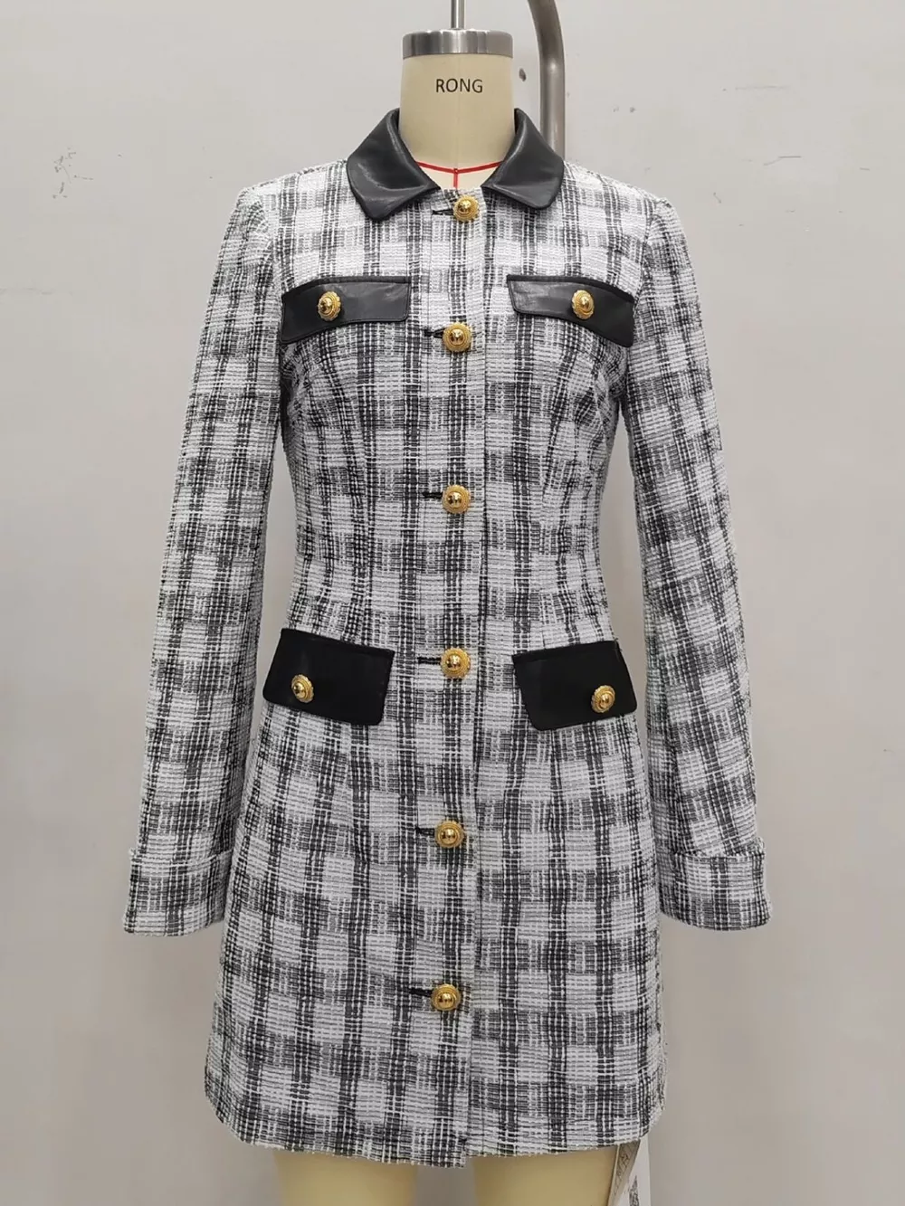 Long Sleeve Plaid Tweed Button-Down Mini Dress, image 4