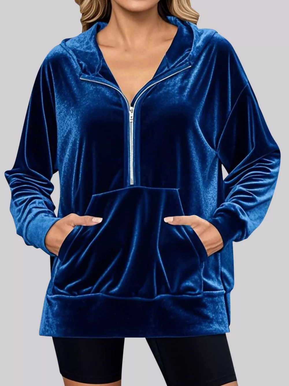 Full Size Velvet Half Zip Hoodie with Kangaroo Pocket Plus Size, image 9