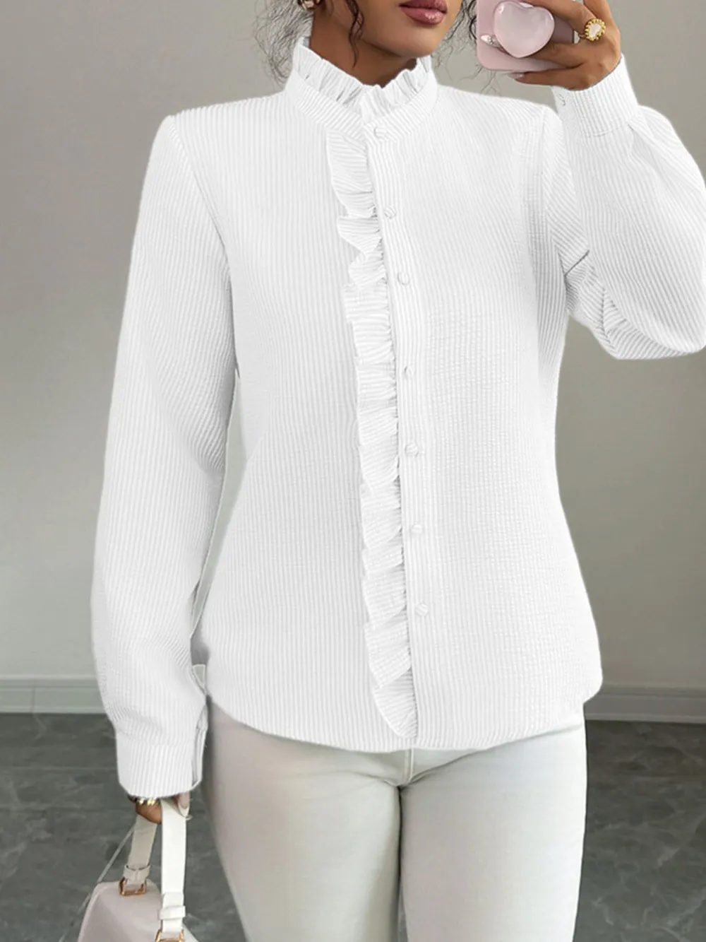 Ruffle Front Striped Button-Up Shirt, image 11