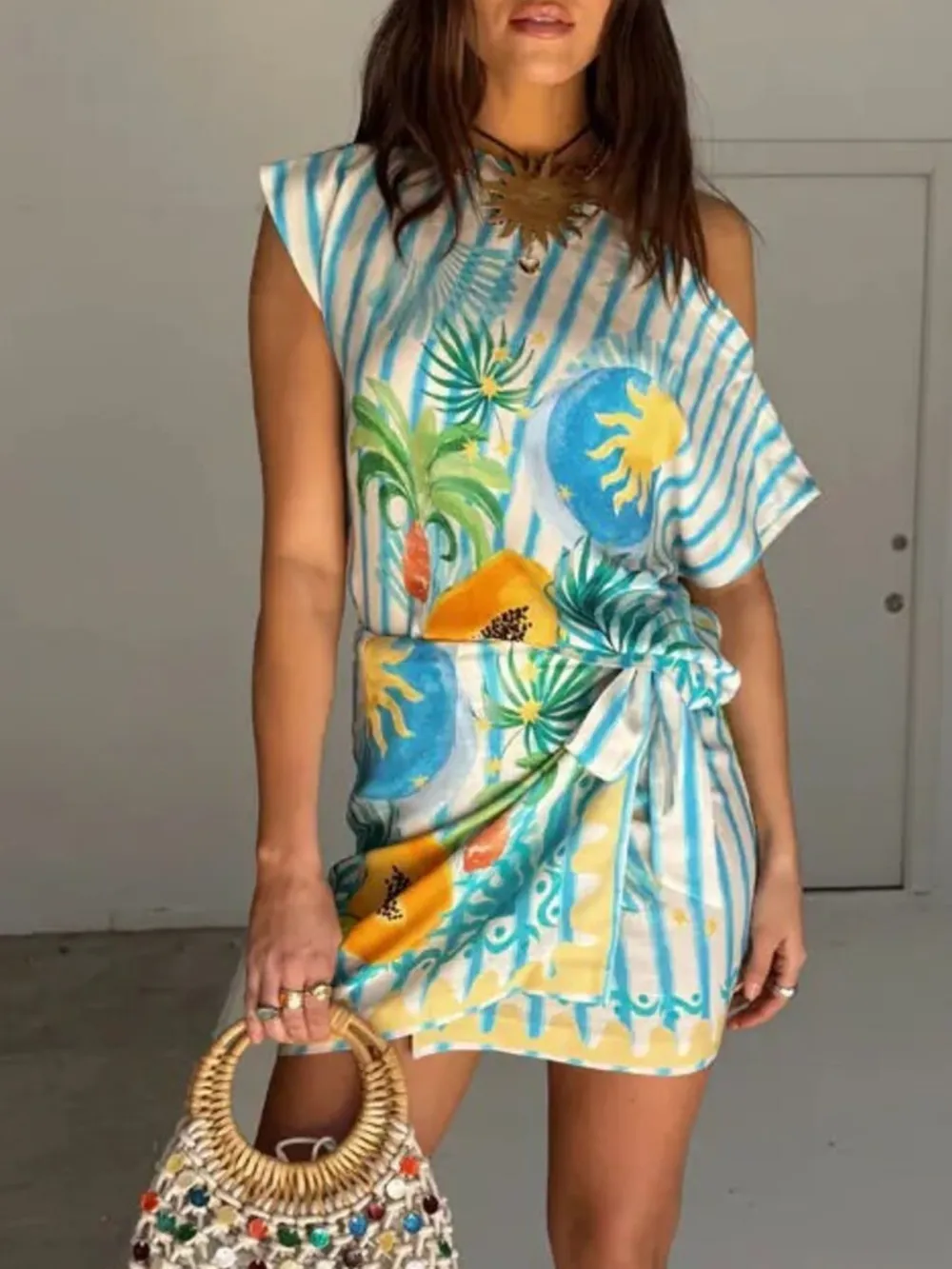 Printed Striped Single Shoulder Top and Skirt Set, image 7