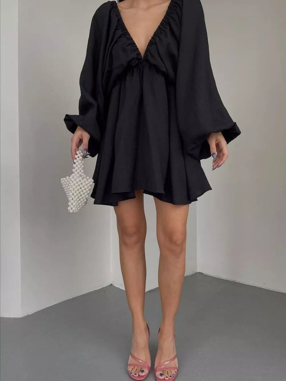 Deep V-Neck Balloon Sleeve Dress, image 11