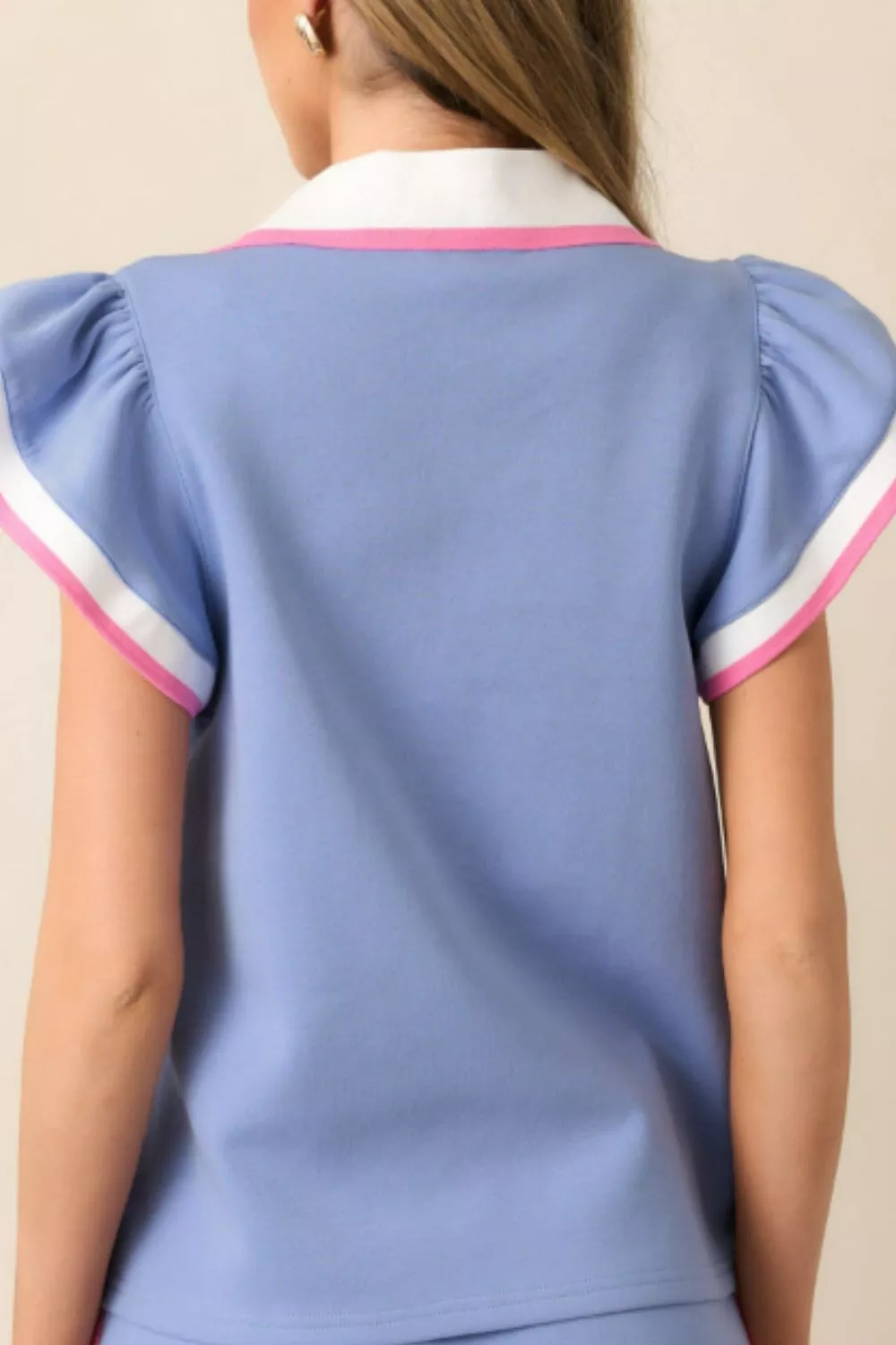 Striped Trim V Neck Polo Tee Drawstring Skirt Set, image 4