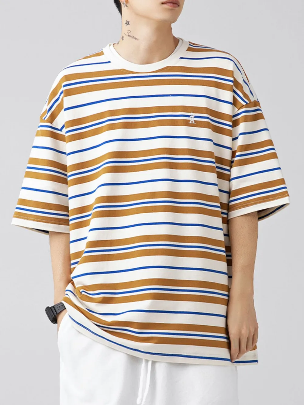 Men's Plus Size Basic style Round Neck Striped T-Shirt, image 9