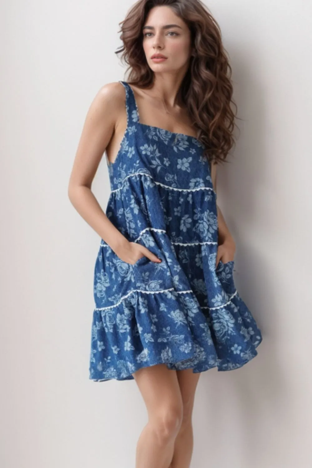 Floral Tiered Square Neck Denim Dress, image 3