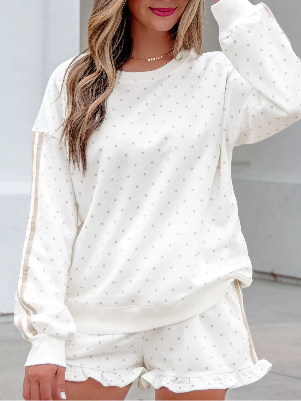 Polka Dot Long Sleeve Sweatshirt and Shorts Set, image 3