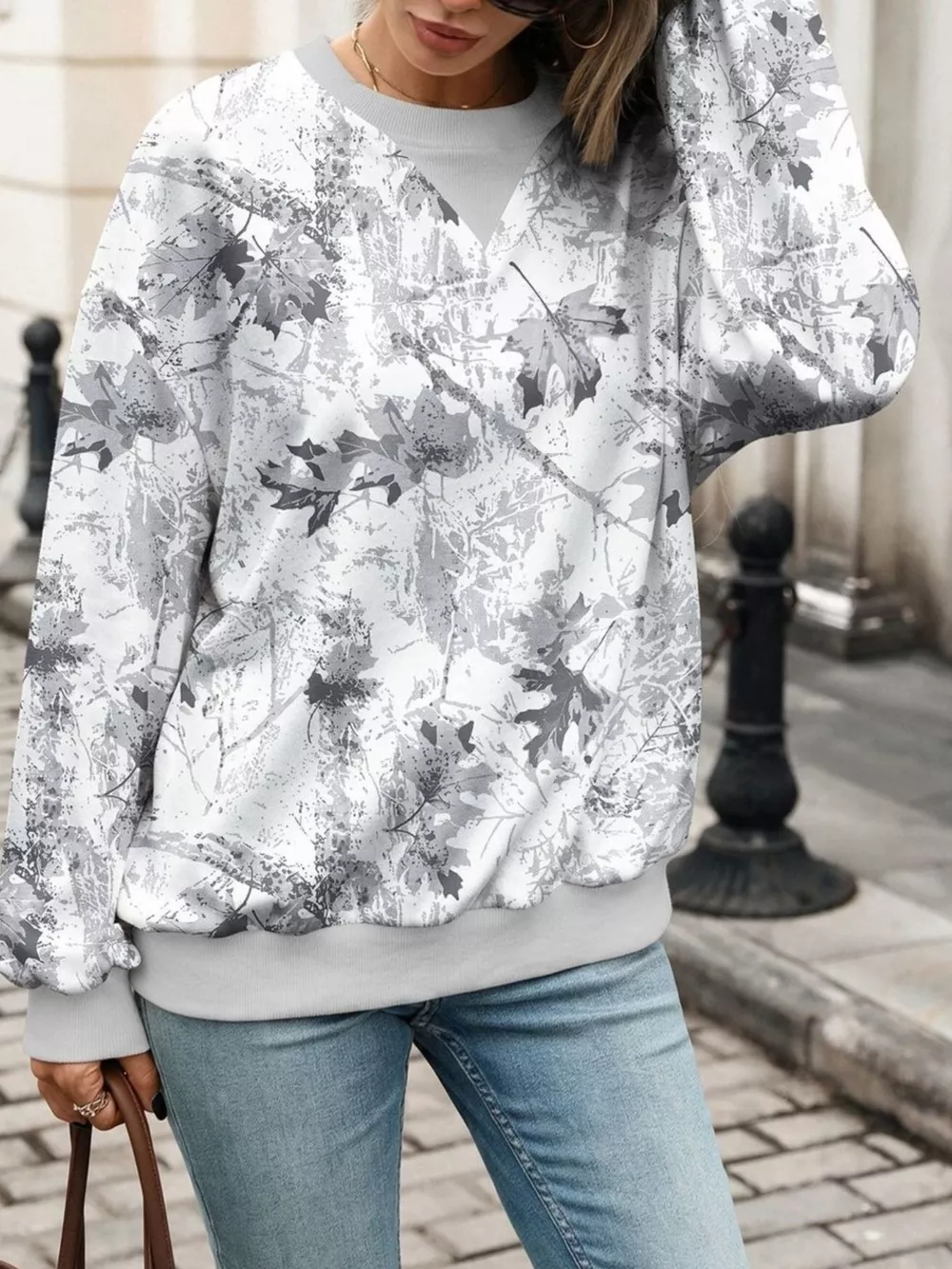 Leaf Print Sweatshirt with Contrasting Trim, image 13