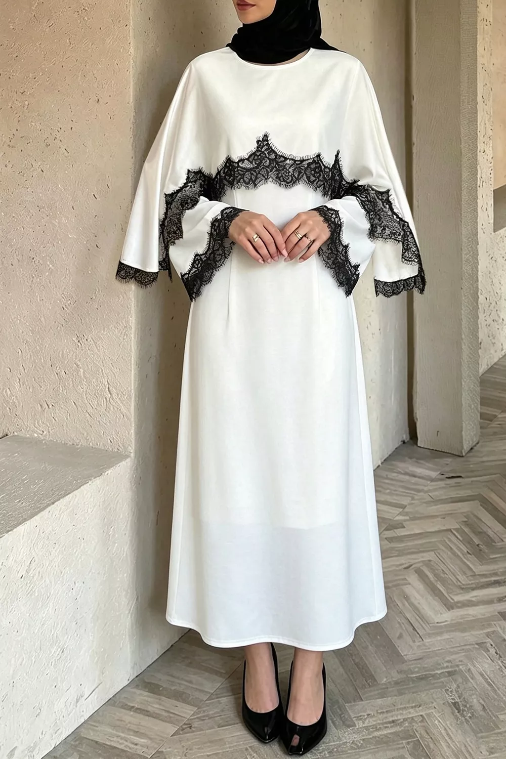 Lace Trim Round Neck Midi Dress, image 5