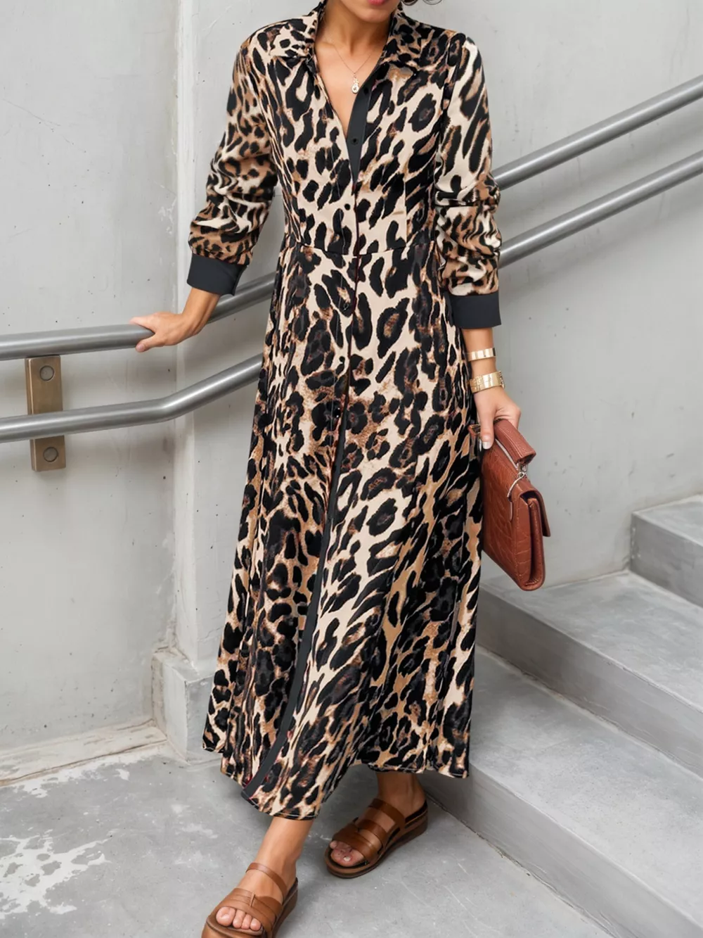 Leopard Print Long Sleeve Shirt Dress with Contrast Trim, image 7