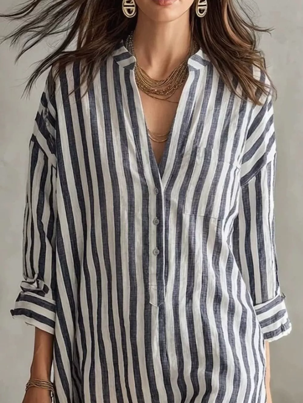 Full Size Striped 3/4 Sleeve Shirt Dress Plus Size, image 4