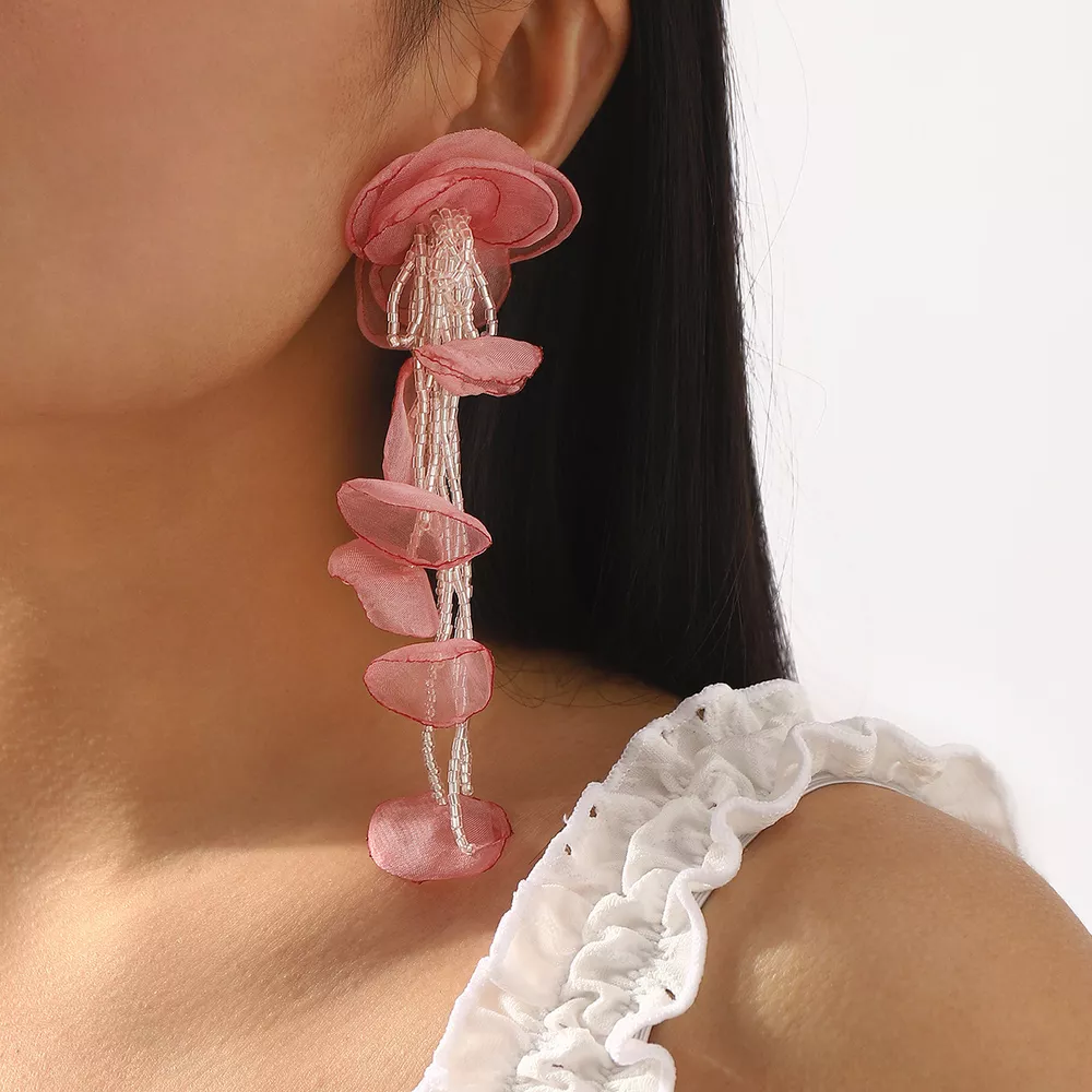 Floral Petal Beaded Tassel Drop Earrings, image 5