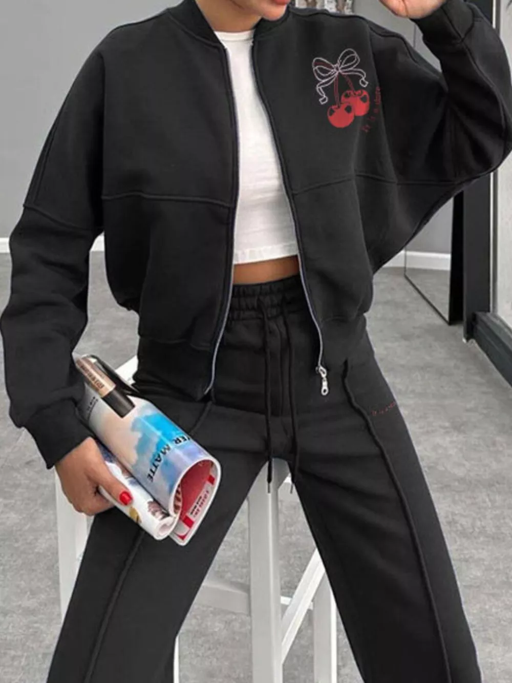Zip Up Dropped Shoulder Outerwear and Pants Set, image 6