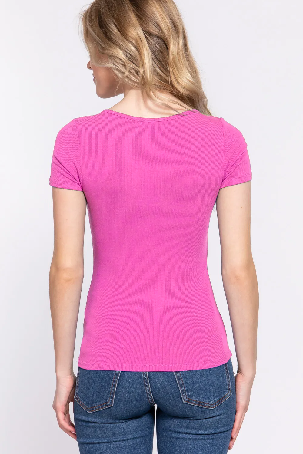 Lace Up Short Sleeve Rib Knit T-Shirt, image 2