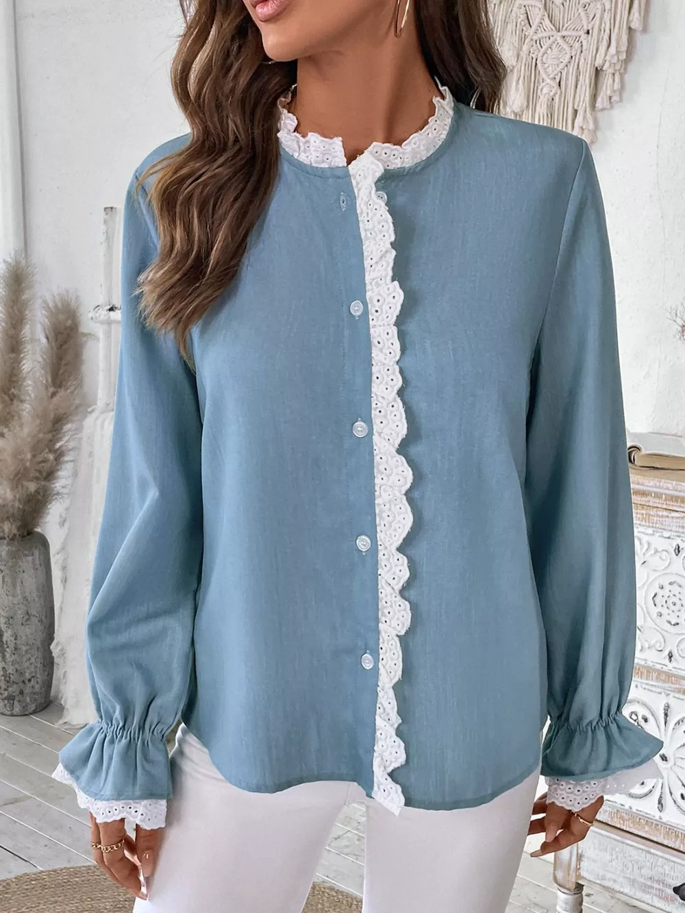 Lace Detail Button Down Long Sleeve Shirt, image 3
