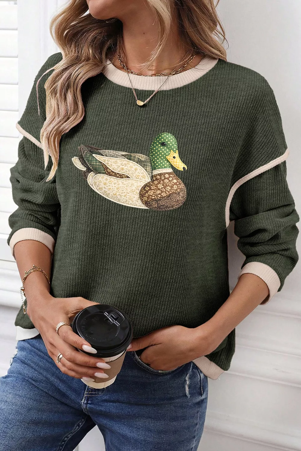 Duck Graphic Contrast Trim Patchwork Casual Knit Top, image 2