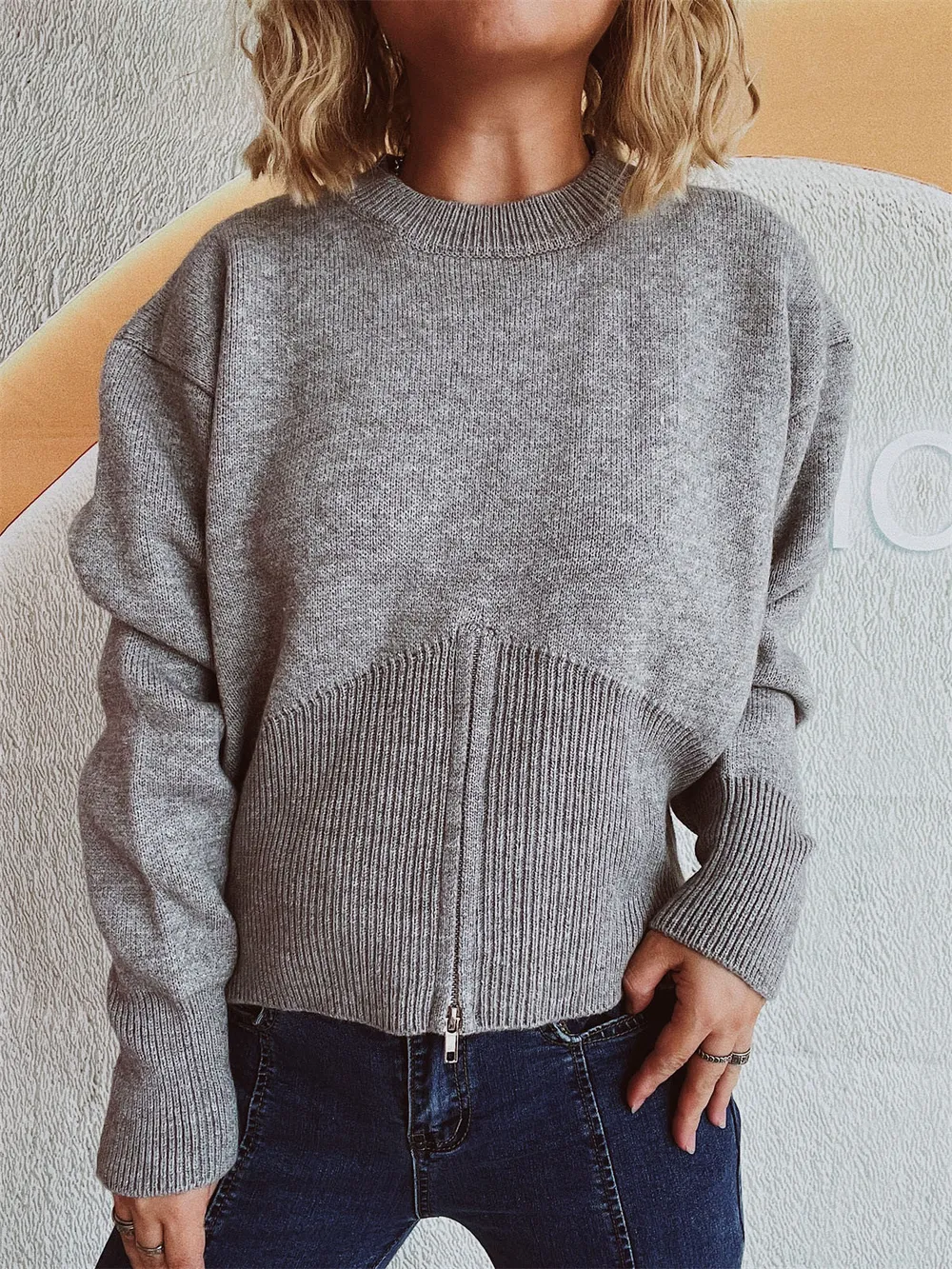 Round Neck Half Zip Long Sleeve Sweater, image 5