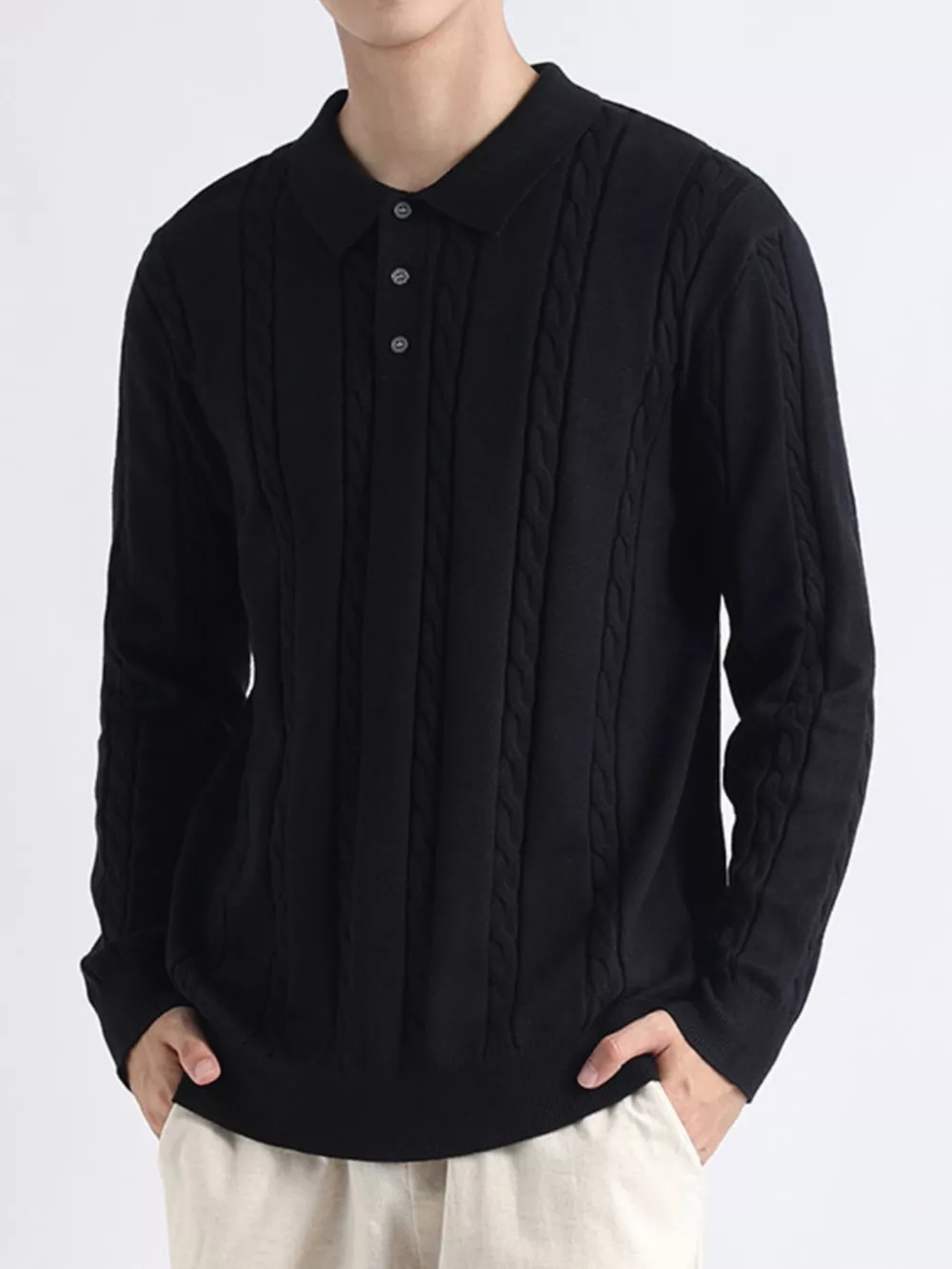 Men's Plus Size Cable-Knit Polo Collar Sweater