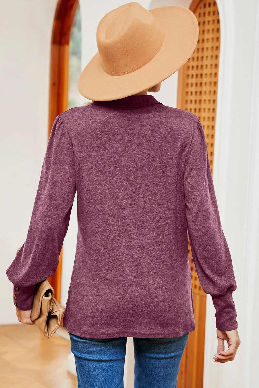 Decorative Button Johnny Collar Lantern Sleeve Blouse, image 15