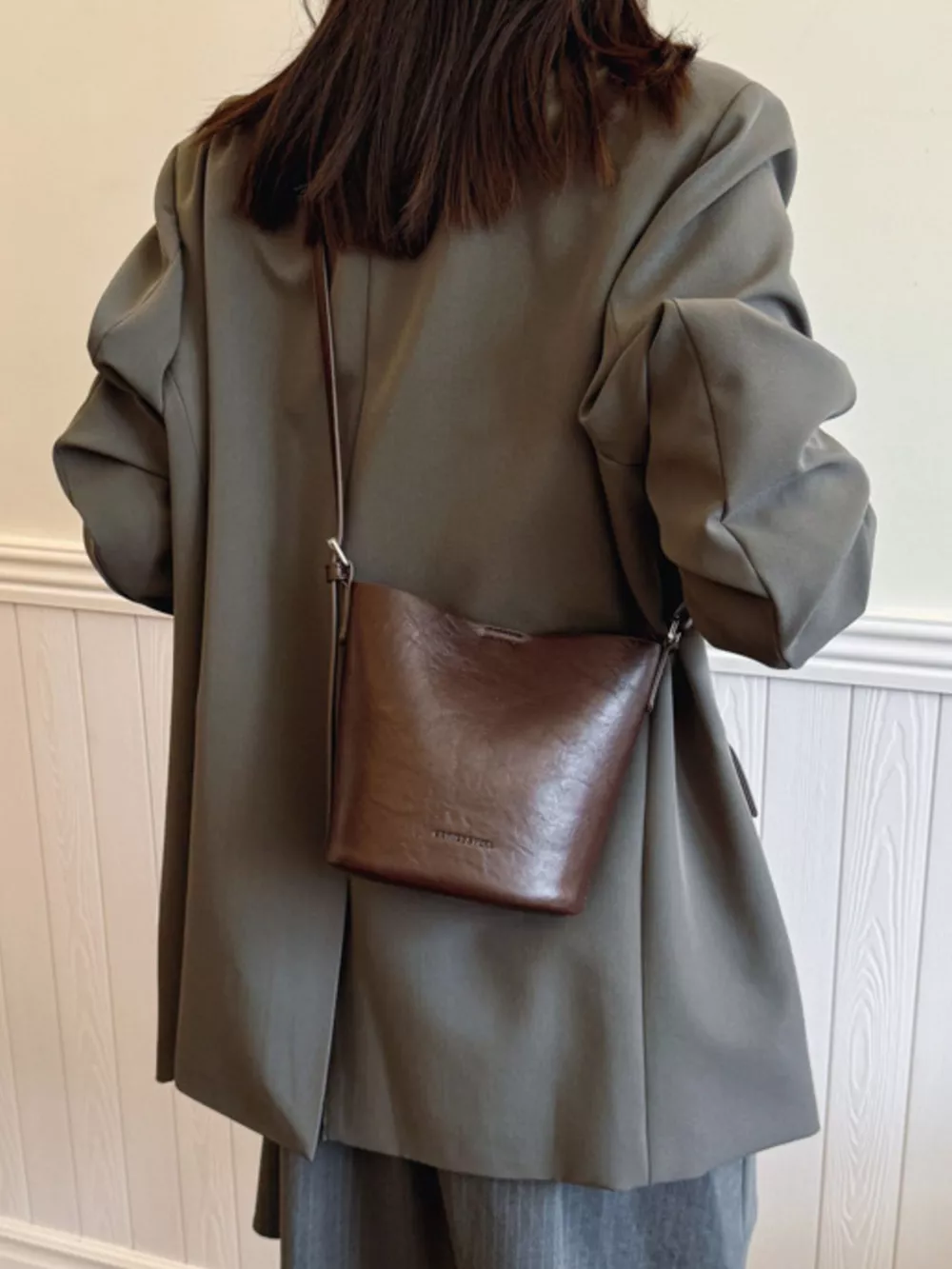 Leather Bucket Crossbody Bag, image 8