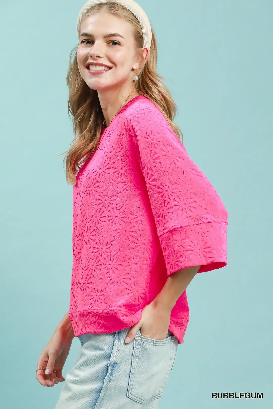 Round Neck Textured Floral Terry Blouse, image 2