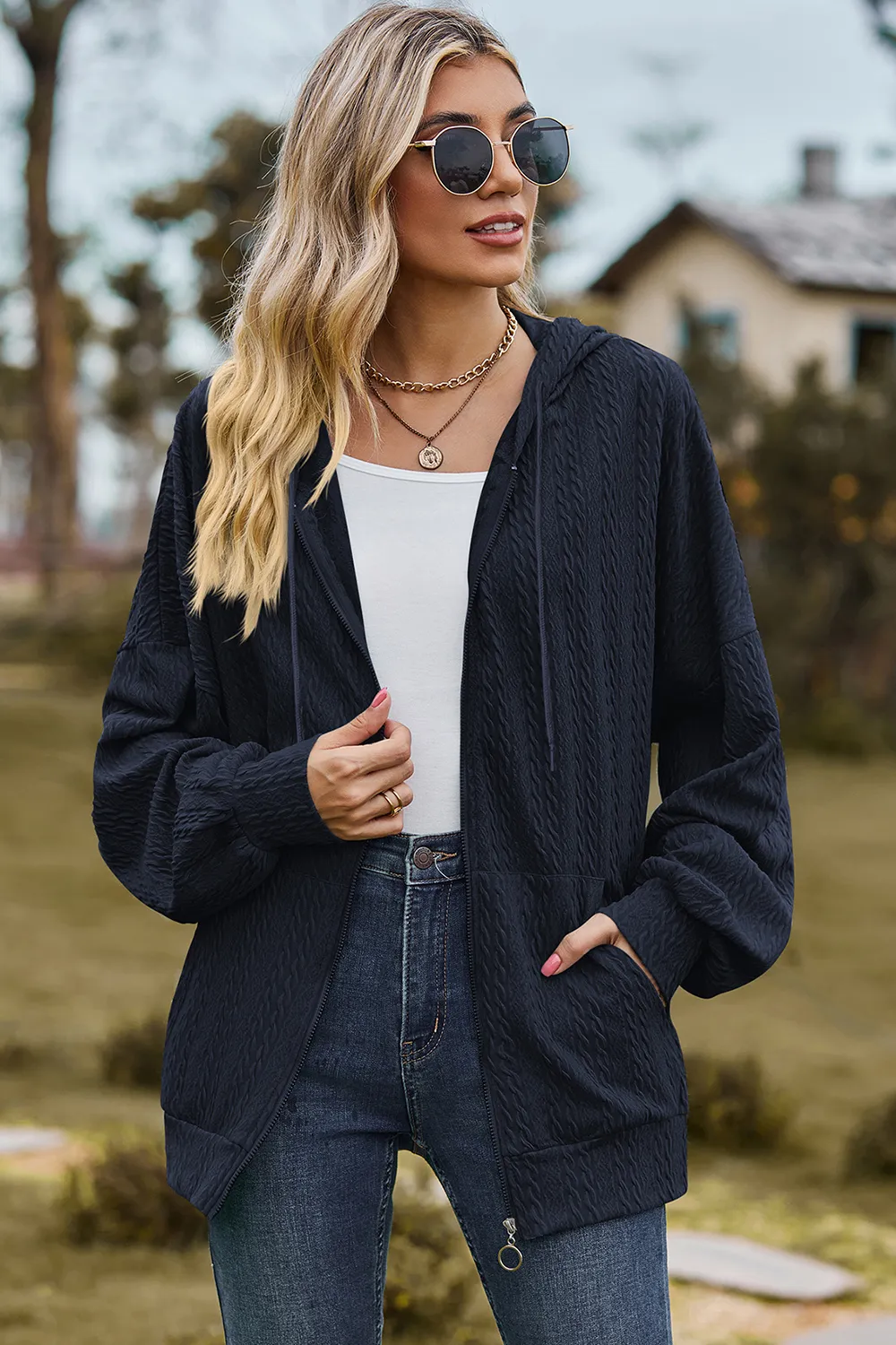 Drawstring Zip Up Dropped Shoulder Hoodie, image 6