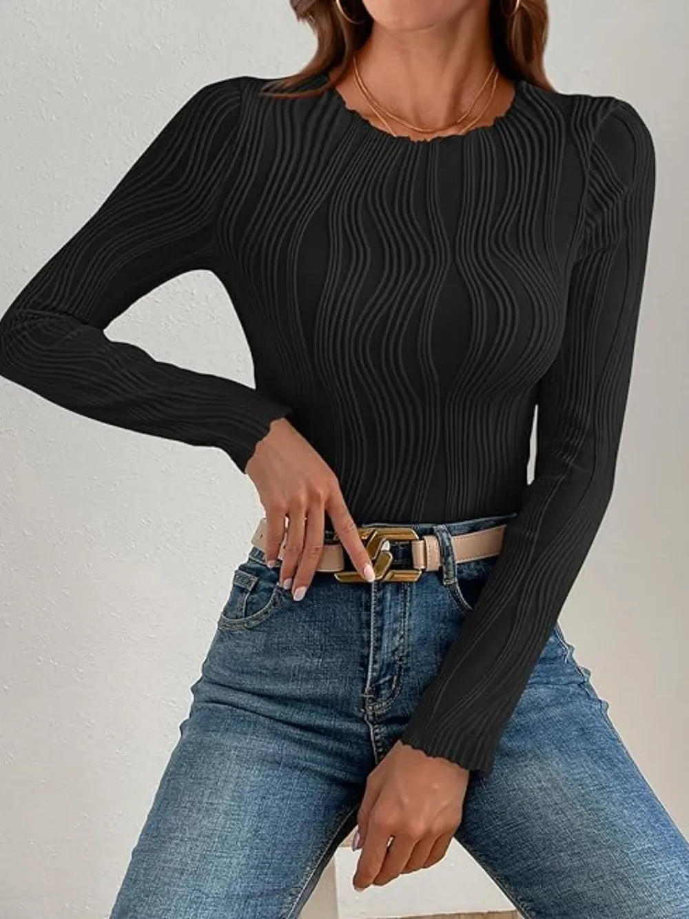 Textured Round Neck Long Sleeve Top, image 19