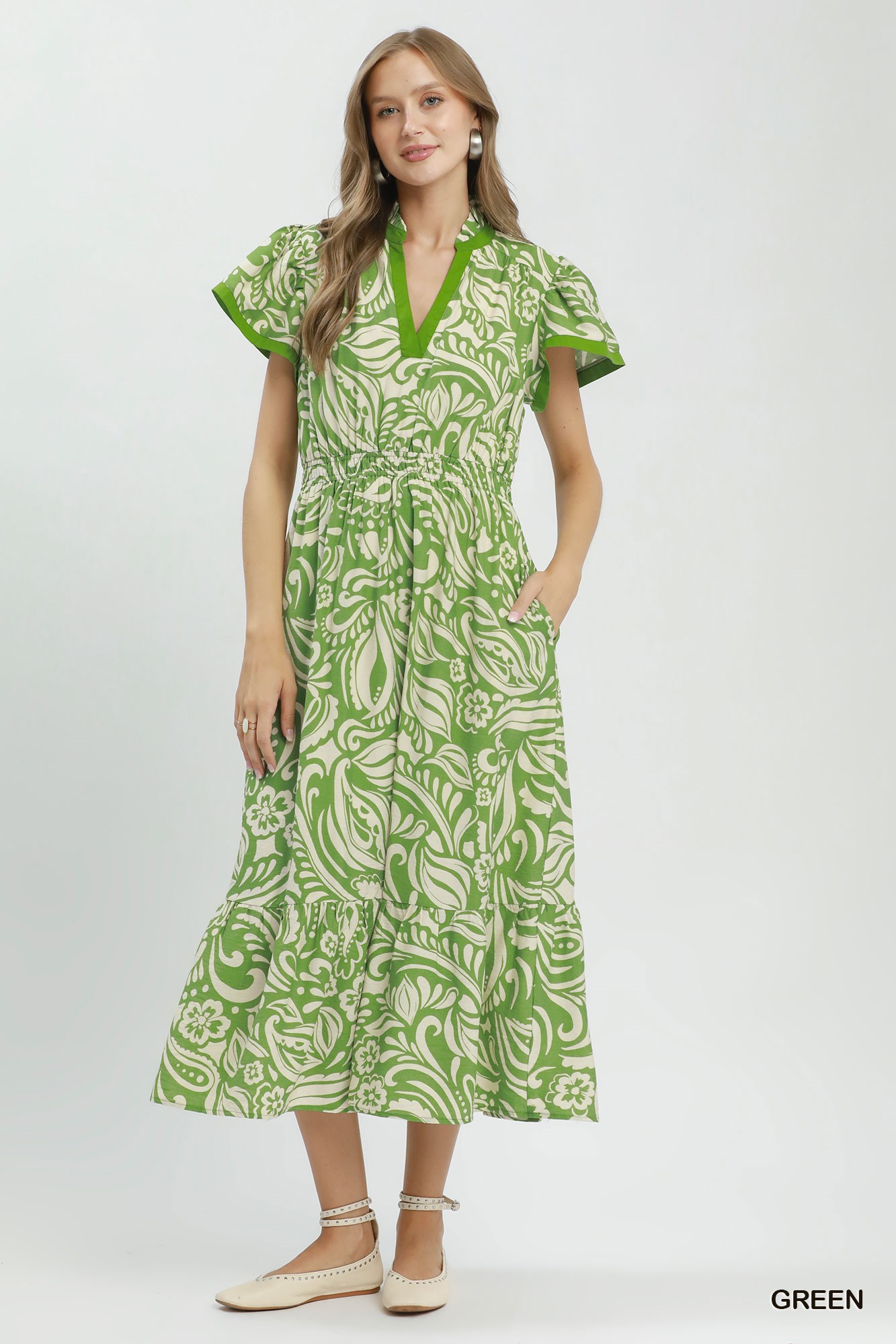 Paisley Print Midi Dress with Side Pockets, image 4