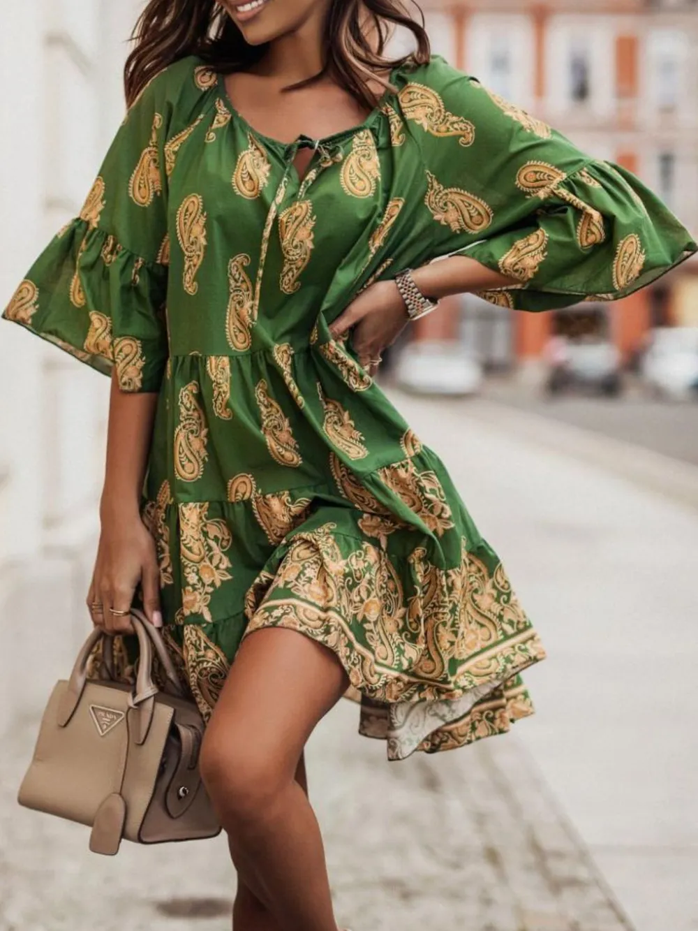 Paisley Print Tie Neck Half Sleeve Mini Dress, image 5