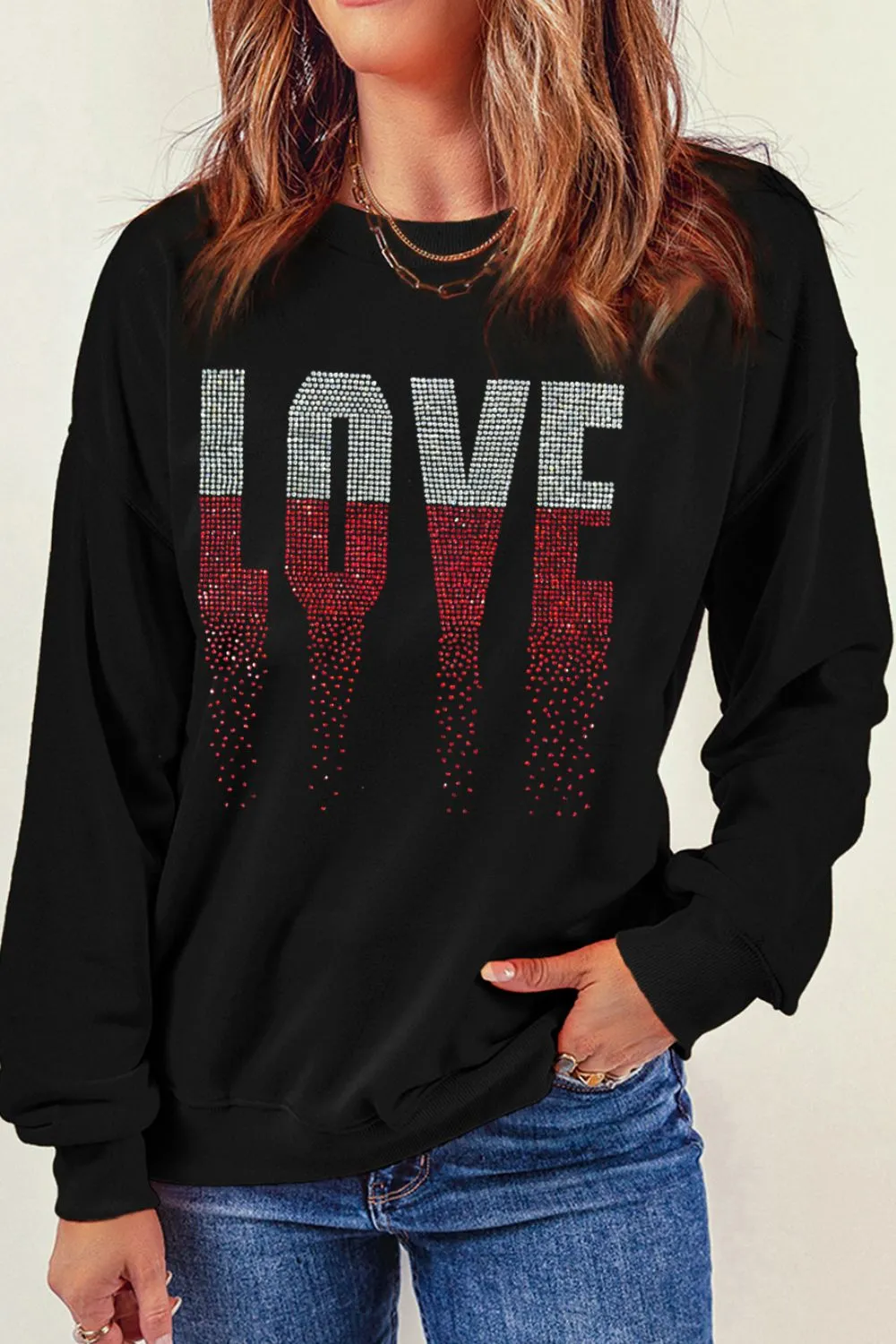 Rhinestone LOVE Round Neck Long Sleeve Sweatshirt, image 3