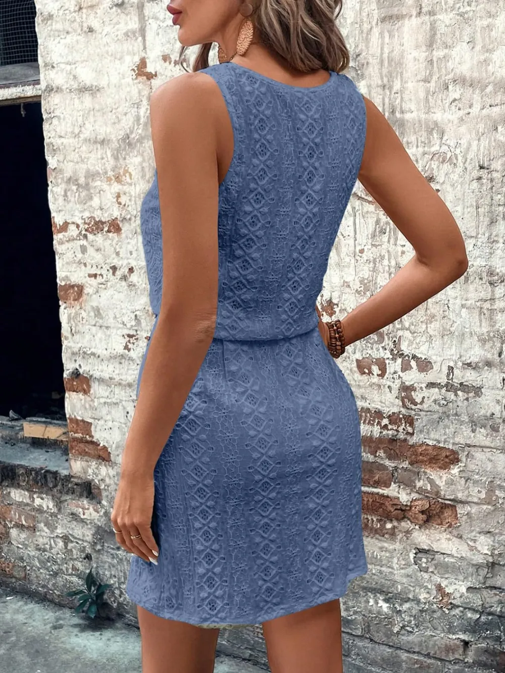 Eyelet Drawstring Round Neck Sleeveless Dress, image 10