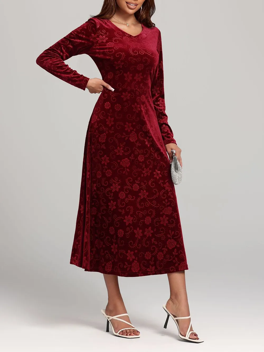 Flower Print V-Neck Long Sleeve Midi Dress, image 4