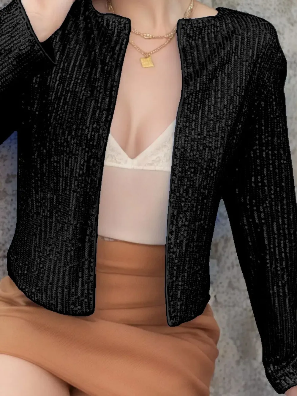 Full Size Sequin Open Front Cropped Jacket, image 10