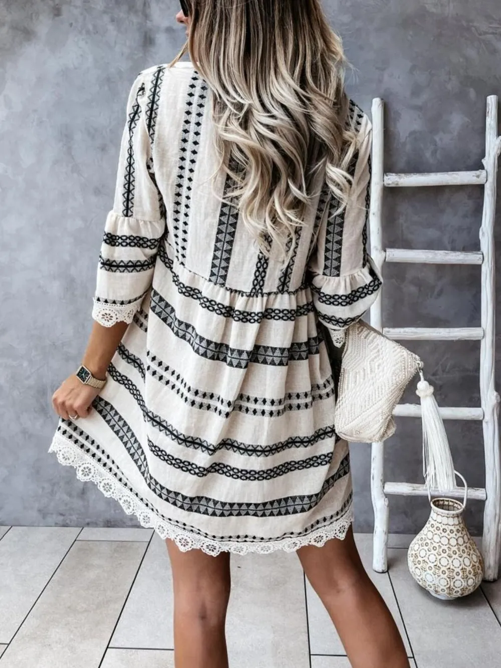 V-Neck Lace Trim Striped Babydoll Dress, image 5