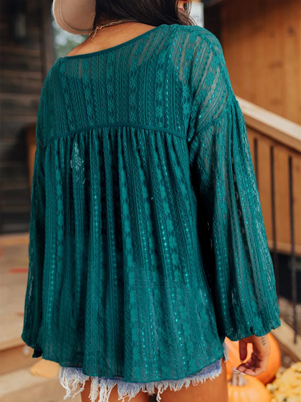 Lace Tie Neck Long Sleeve Blouse, image 2