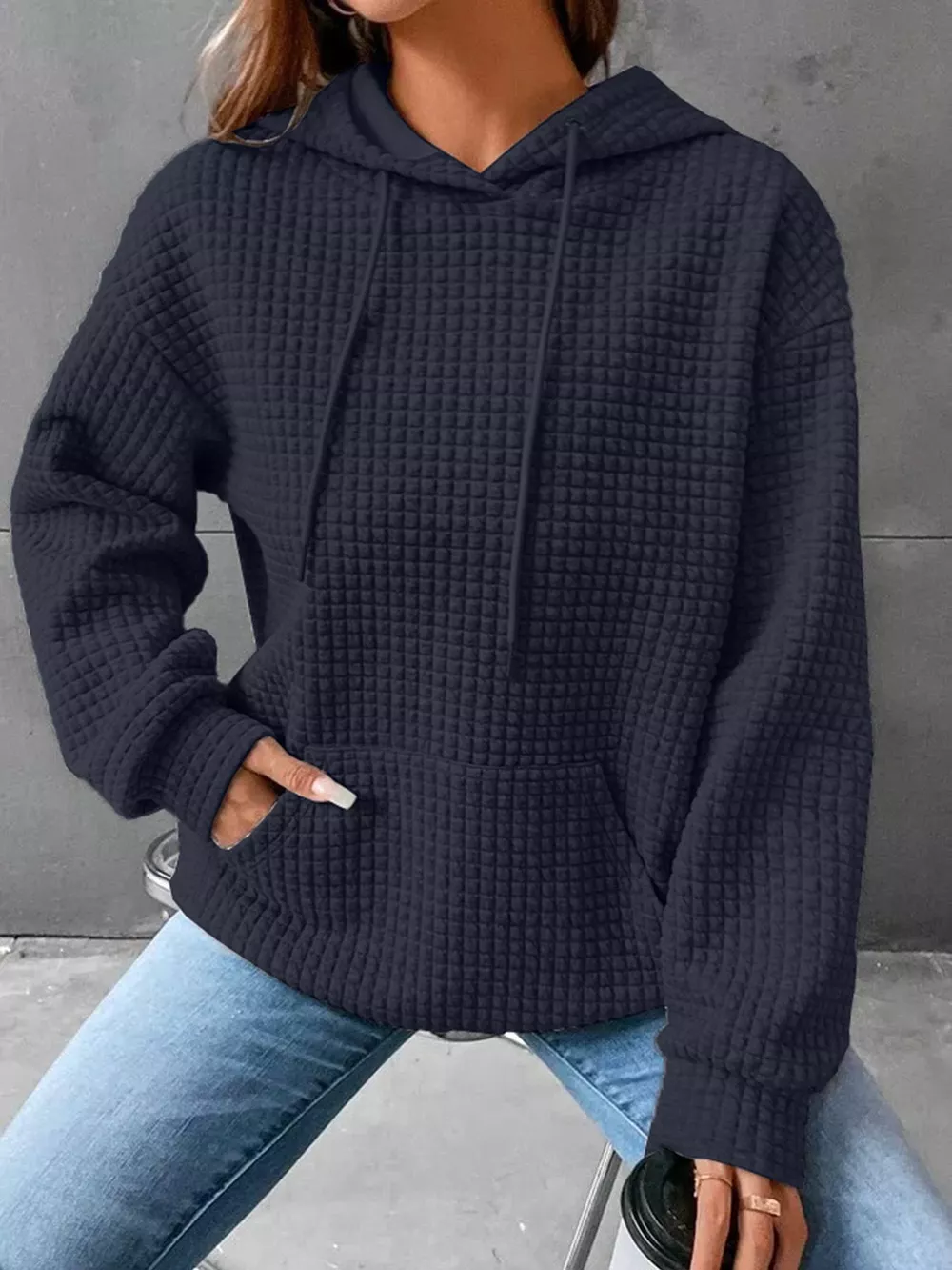 Full Size Textured Kangaroo Pocket Hoodie Plus Size, image 12