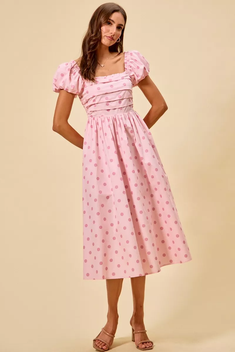 Polka Cotton Print Short Sleeves Midi Dress, image 3