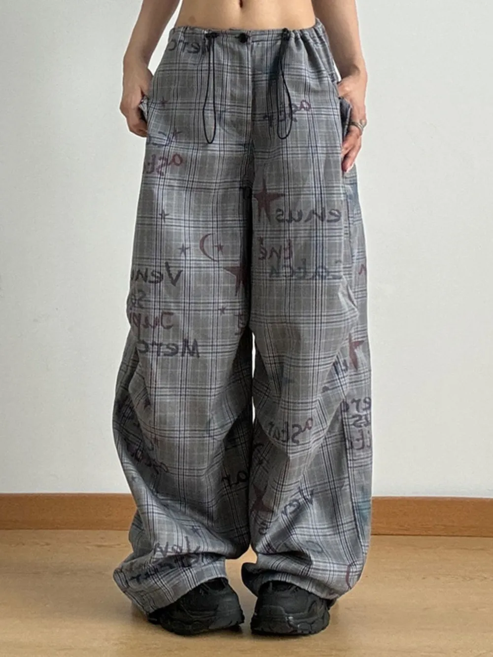 Drawstring Plaid Wide Leg Pants, image 2